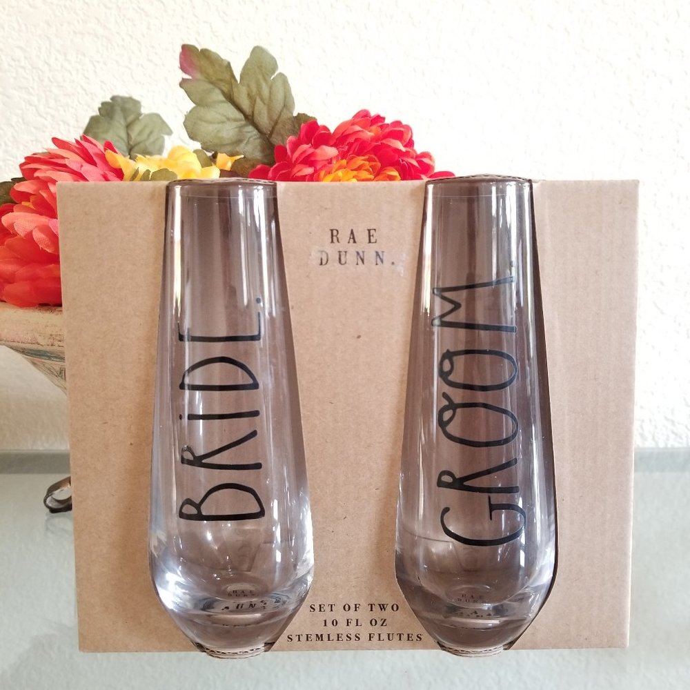 Rae Dunn Bride Groom wedding stemless champagne flutes